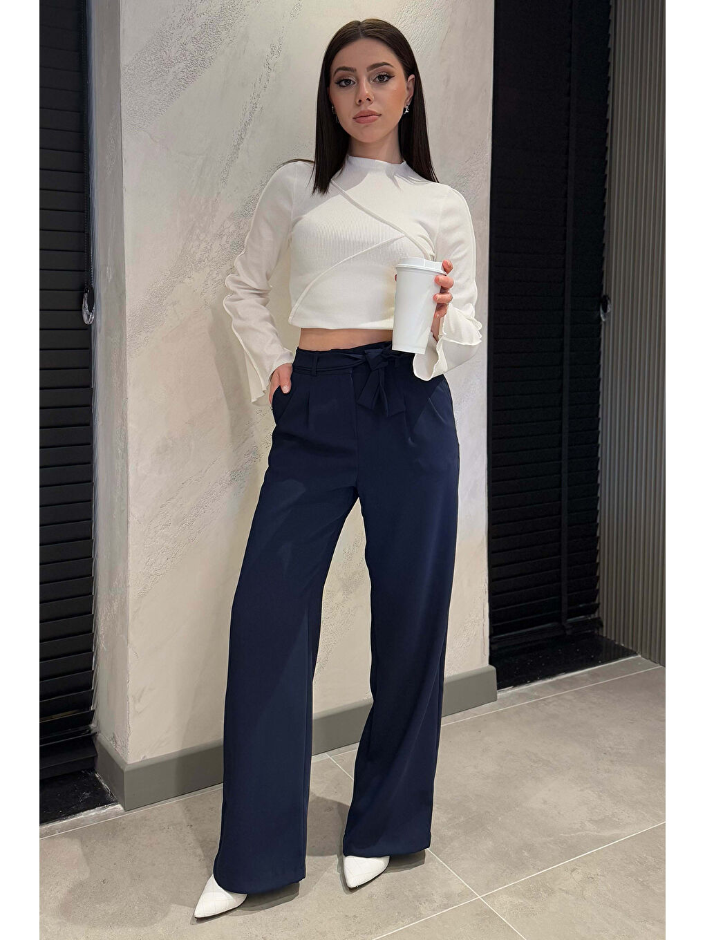 Lacivert Kadın Yüksek Bel Pileli Kuşaklı Palazzo Pantolon