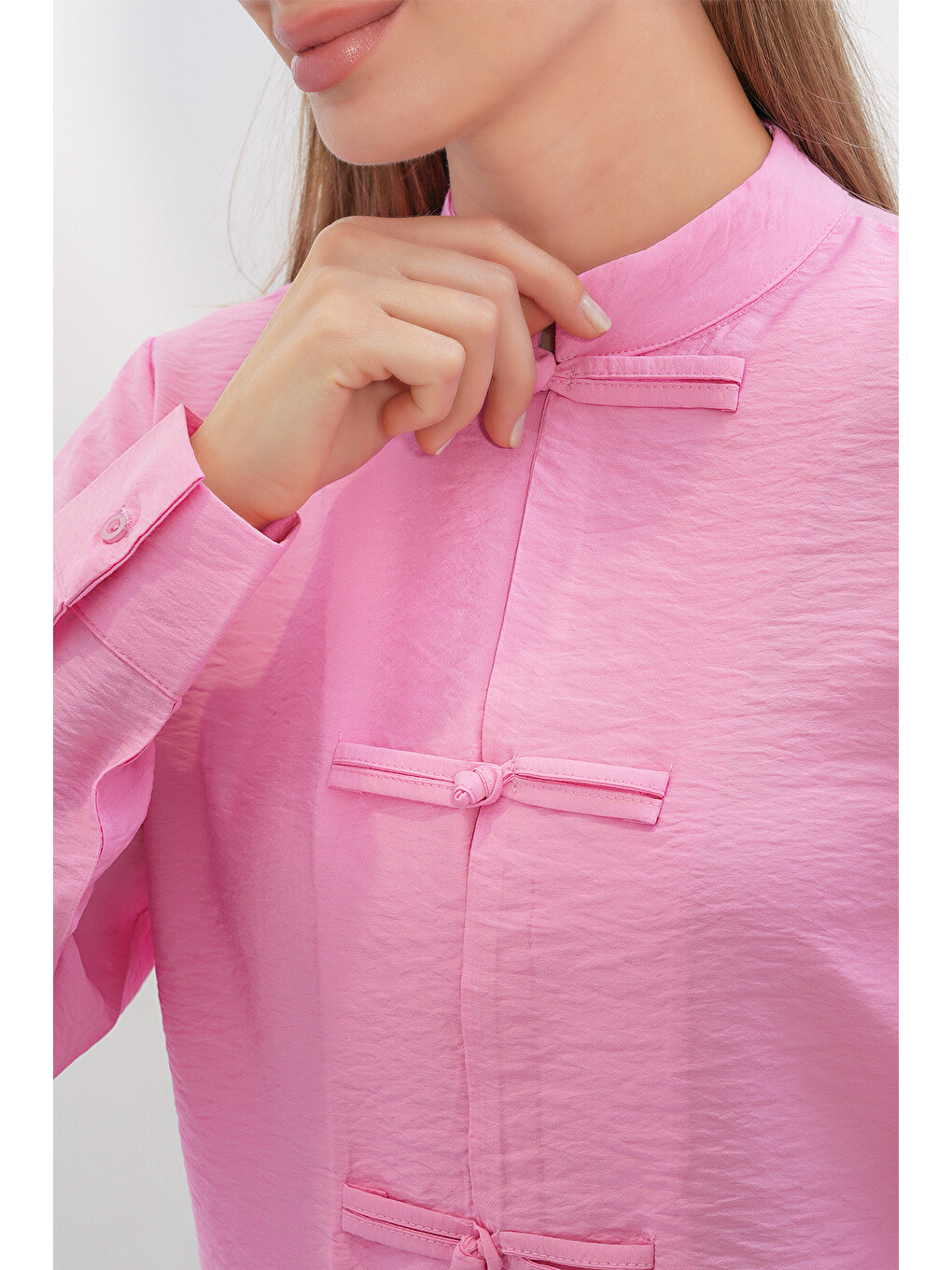 Kadın Tasarım Bağcıklı Gömlek 20405 - Pembe-4