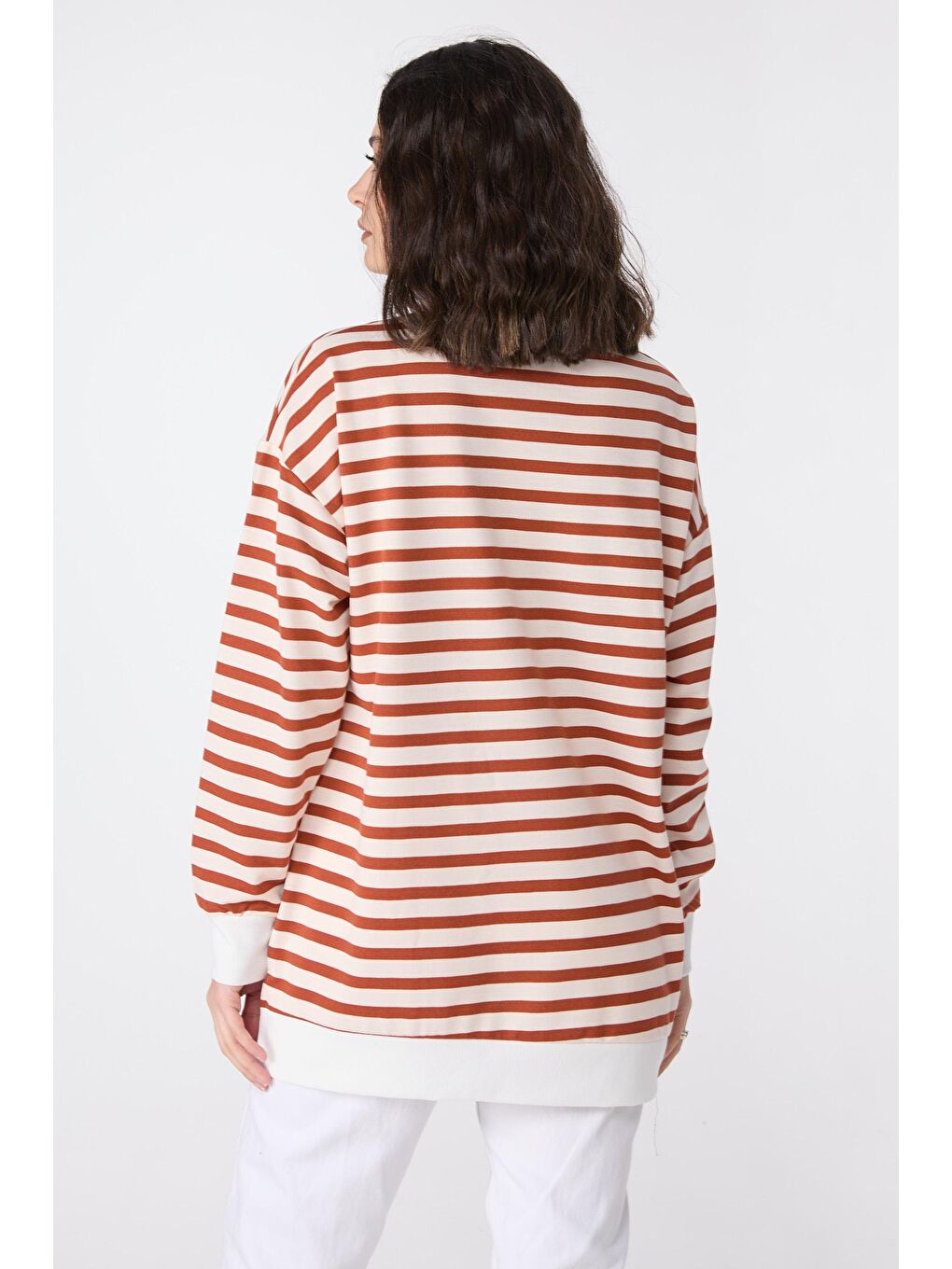 Kahverengi Yarım Balıkçı Yaka Kadın Kiremit Çizgili Sweat - 23892-3