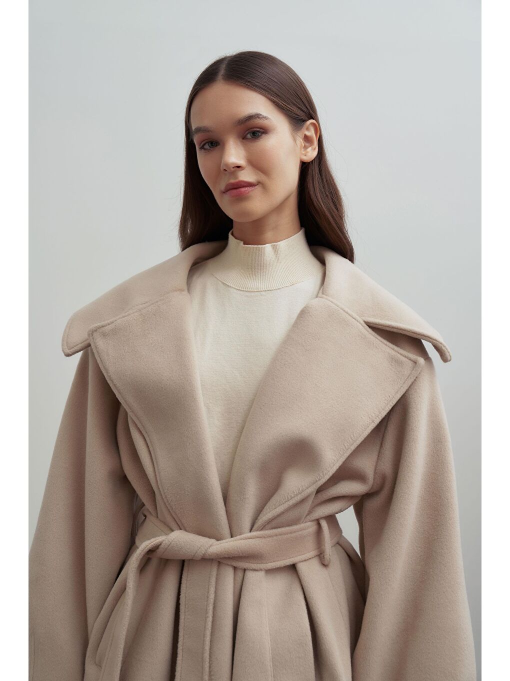 Bej-Oversize Kuşaklı Kaşe Kaban-4