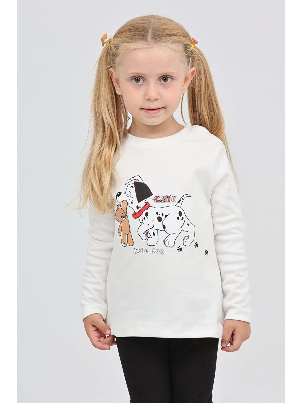 Ekru Kız Çocuk Köpekli Ayı Baskılı Sweatshirt-1
