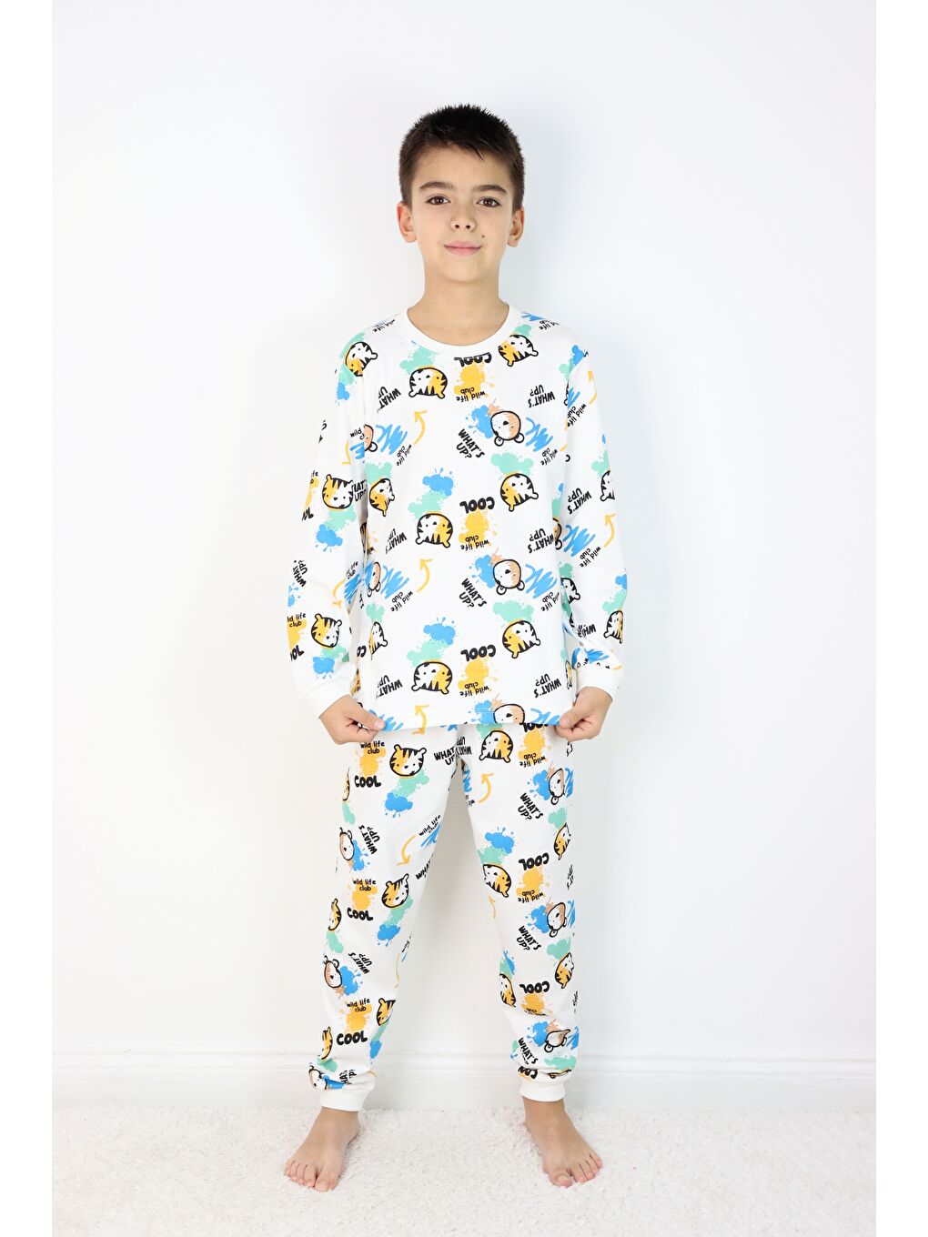 Beyaz Erkek Çocuk Baskılı interlok Kumaş Uzun Kollu Pijama Takımı-1