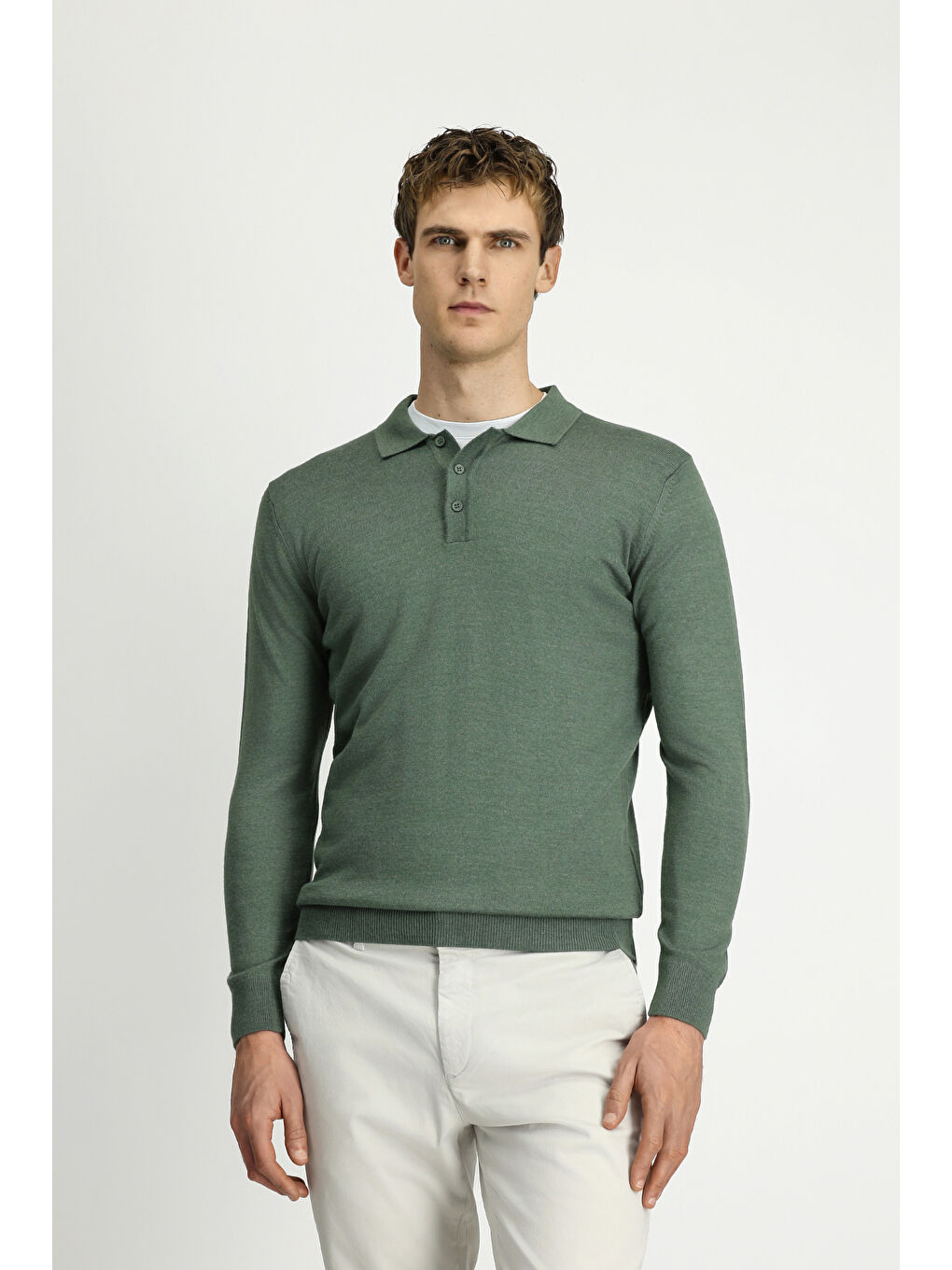 Haki Polo Yaka Düğmeli Regular Fit Sıcak Tutan Yünlü Triko Kazak-3