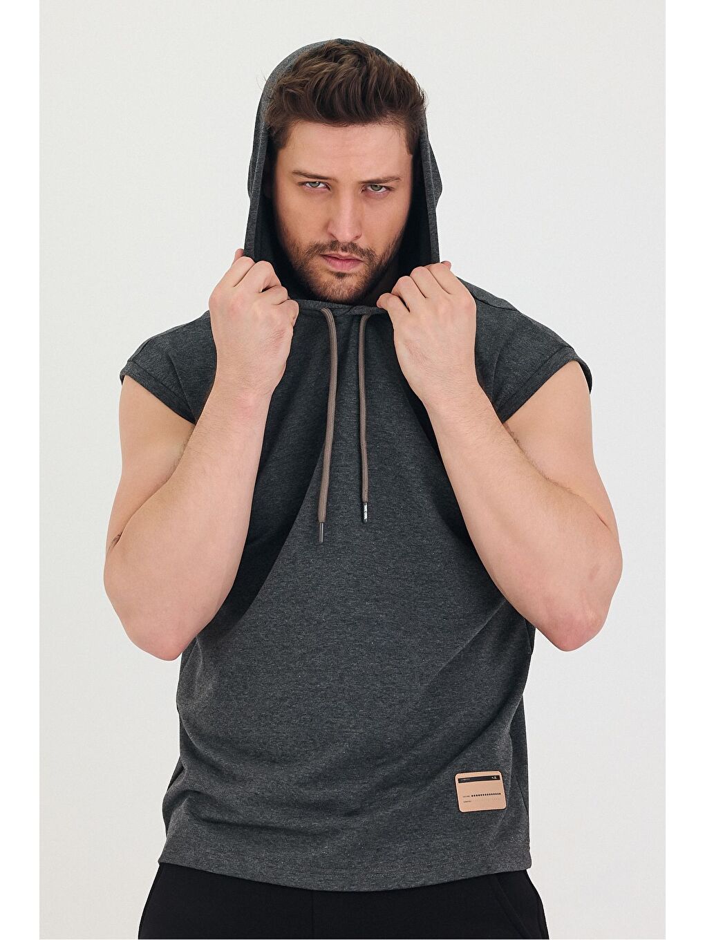 Gri Kapüşonlu Sıfır Kol Oversize Salaş Unisex Tişört-2