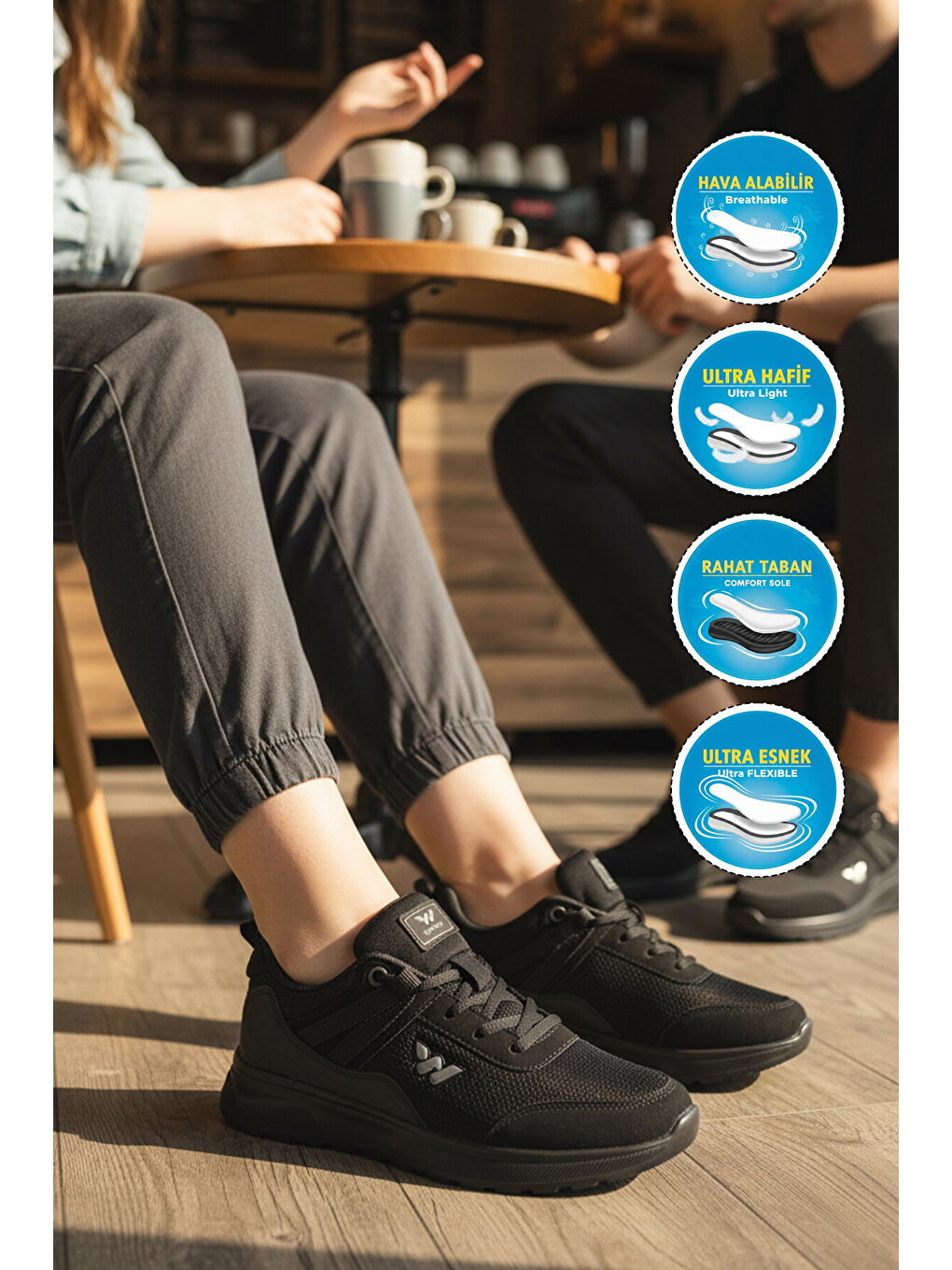 Siyah Fileli Hafif Bağcıklı Unisex Spor Ayakkabı 7001 Omina G-2