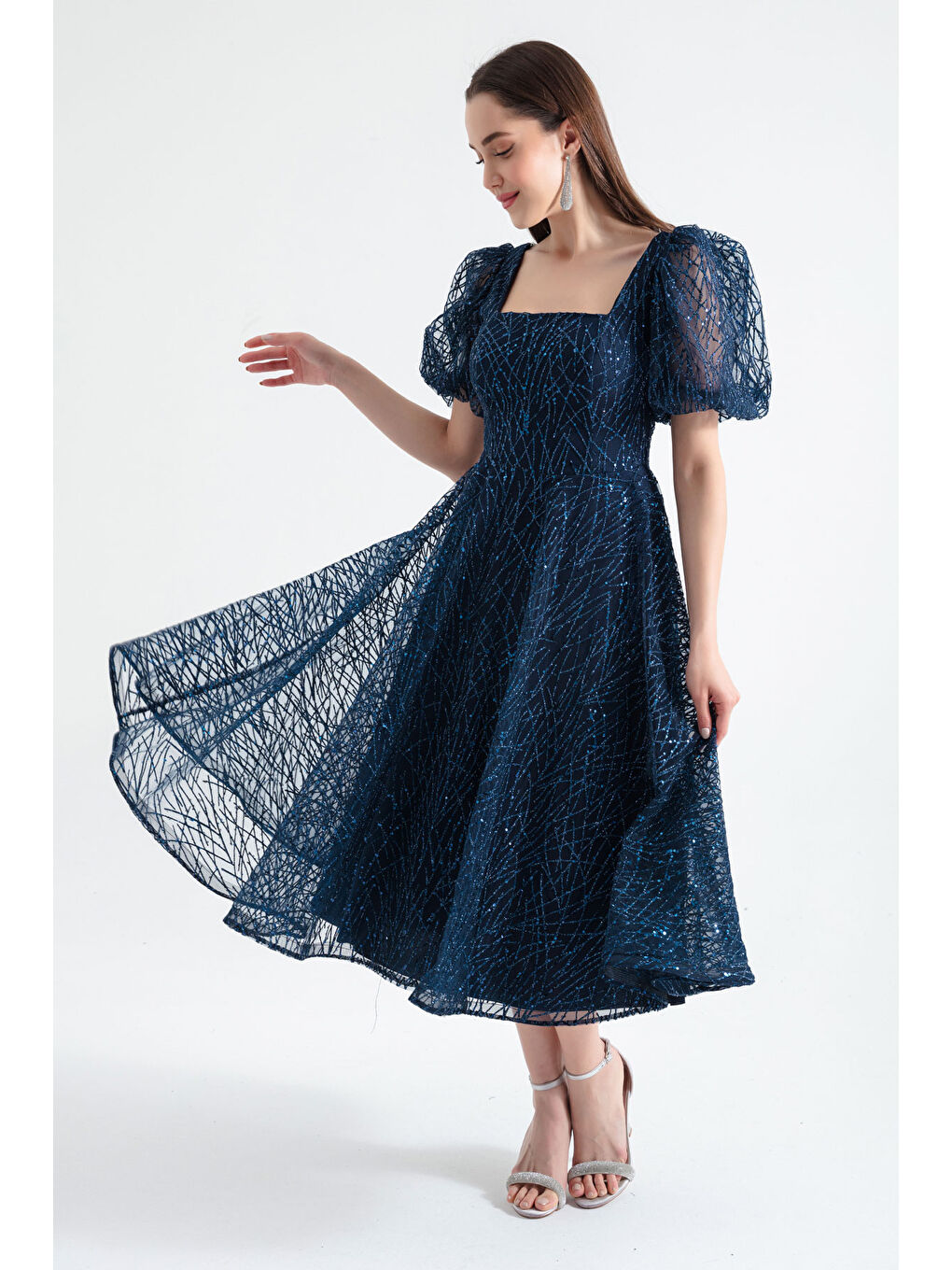 Kadın Lacivert Balon Kol Simli Midi Abiye