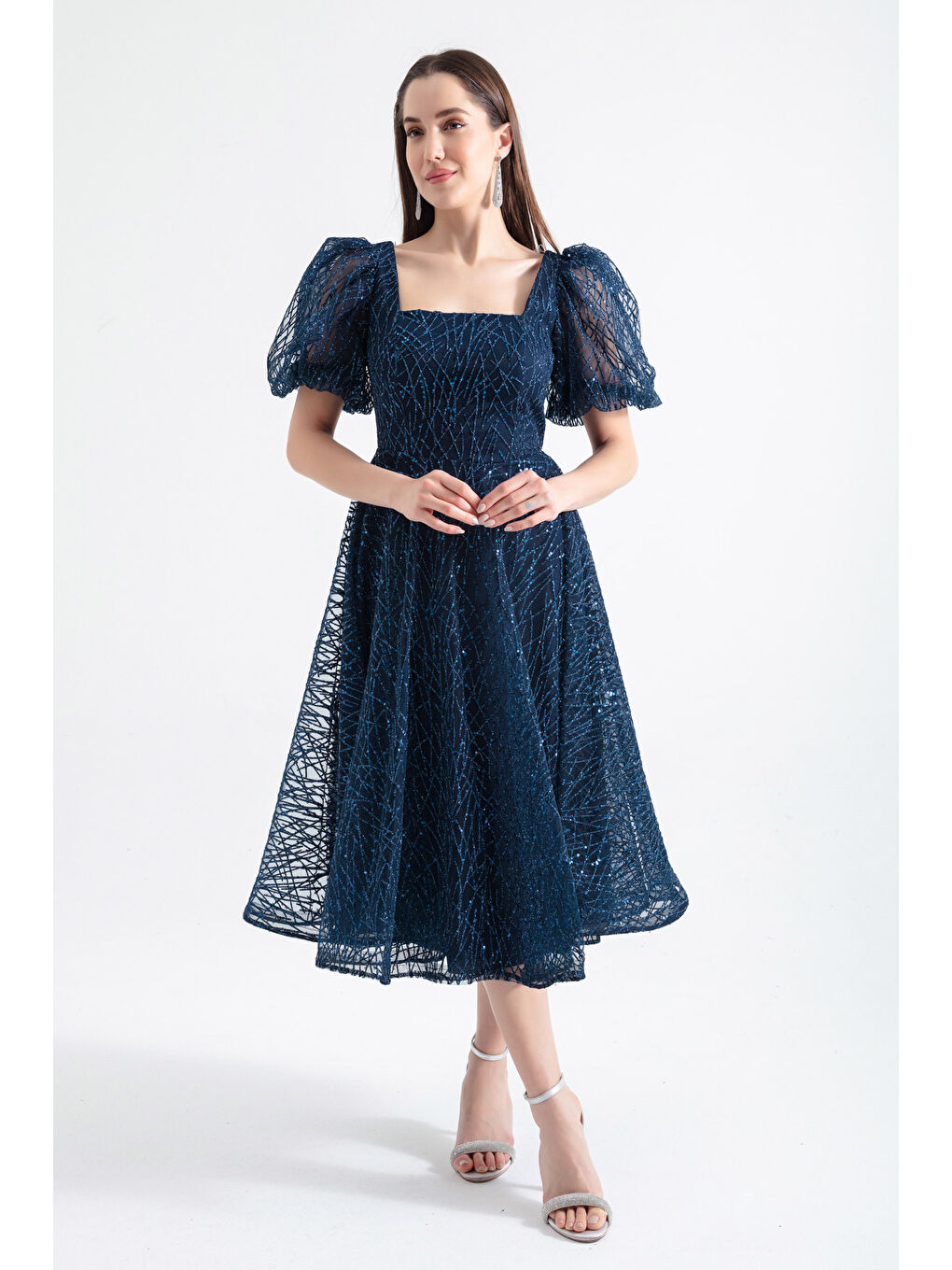 Kadın Lacivert Balon Kol Simli Midi Abiye-1