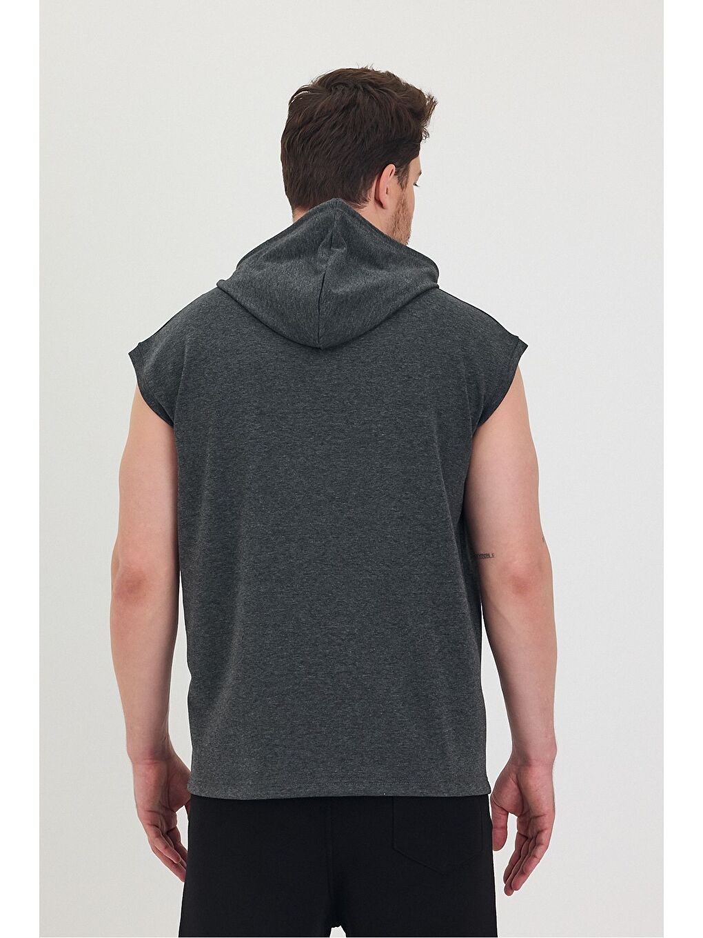 Gri Kapüşonlu Sıfır Kol Oversize Salaş Unisex Tişört-7