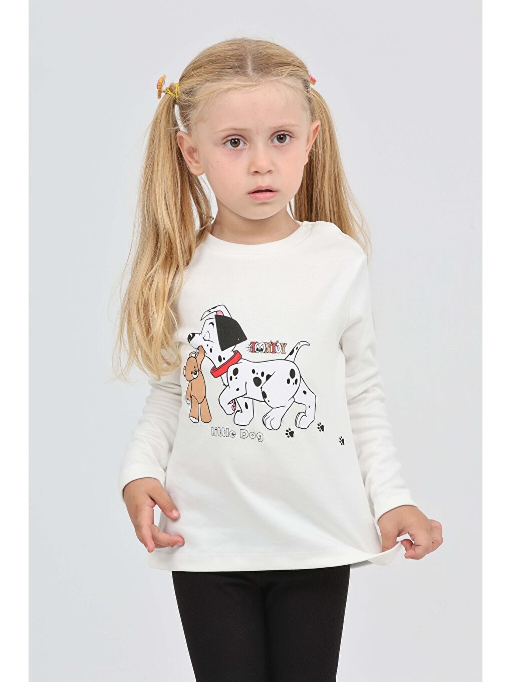 Ekru Kız Çocuk Köpekli Ayı Baskılı Sweatshirt-2