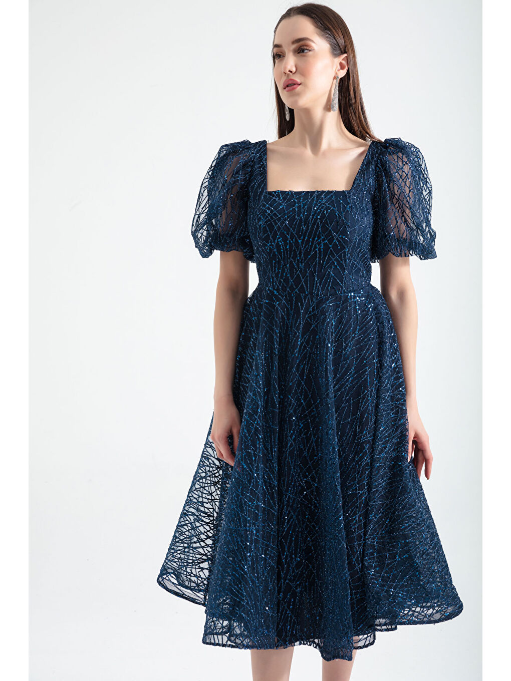 Kadın Lacivert Balon Kol Simli Midi Abiye-2