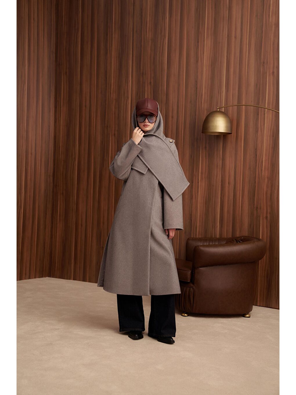 Gri Melanj-Atkılı Uzun Kaşe Kaban-1