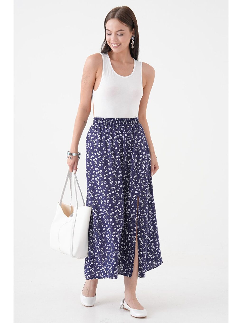 Lacivert Kadın A Kesim Beli Lastikli Desenli Yırtmaçlı Midi Dokuma Etek - Viskon-2