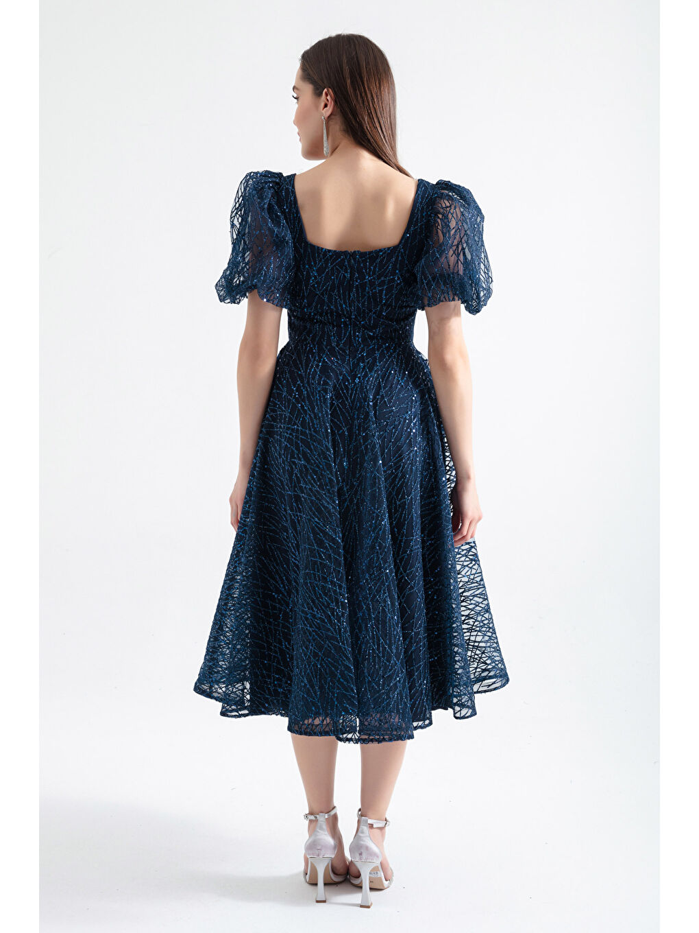 Kadın Lacivert Balon Kol Simli Midi Abiye-4