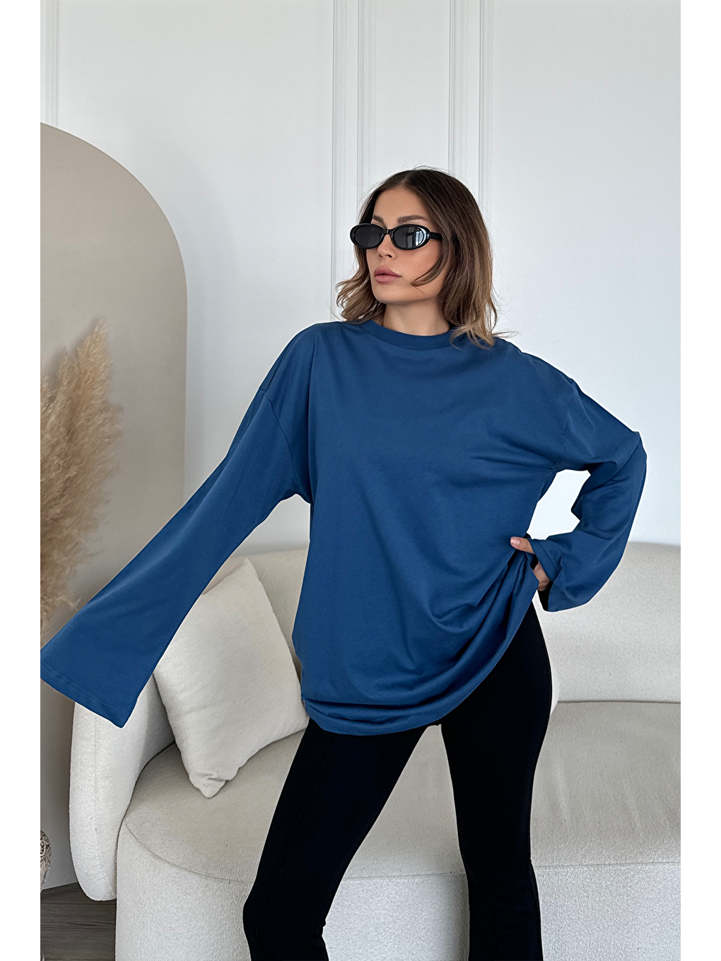 Geniş Kol Oversize 2'Li Paket T-Shirt 964 Ekru/İndigo-4