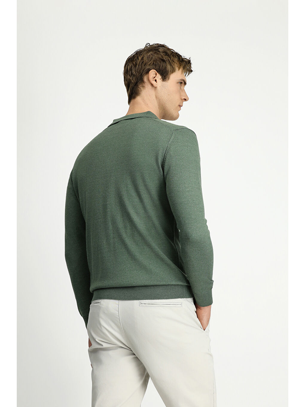 Haki Polo Yaka Düğmeli Regular Fit Sıcak Tutan Yünlü Triko Kazak-4