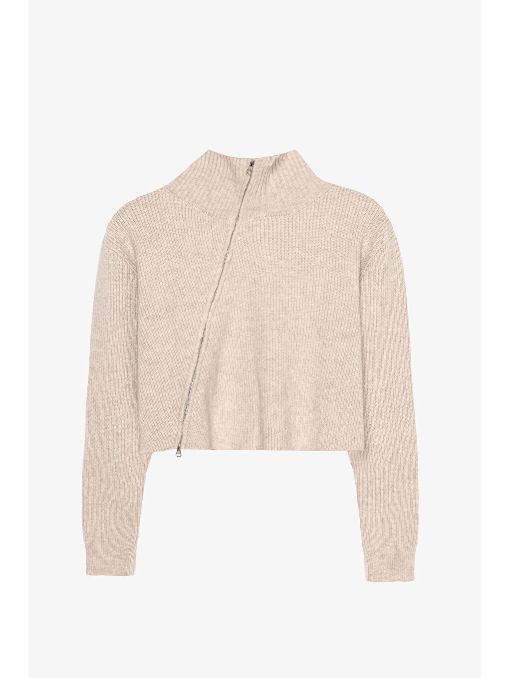 Bej Asimetrik Fermuarlı Triko Kazak Taş