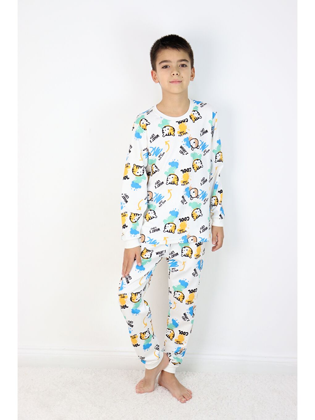 Beyaz Erkek Çocuk Baskılı interlok Kumaş Uzun Kollu Pijama Takımı-3