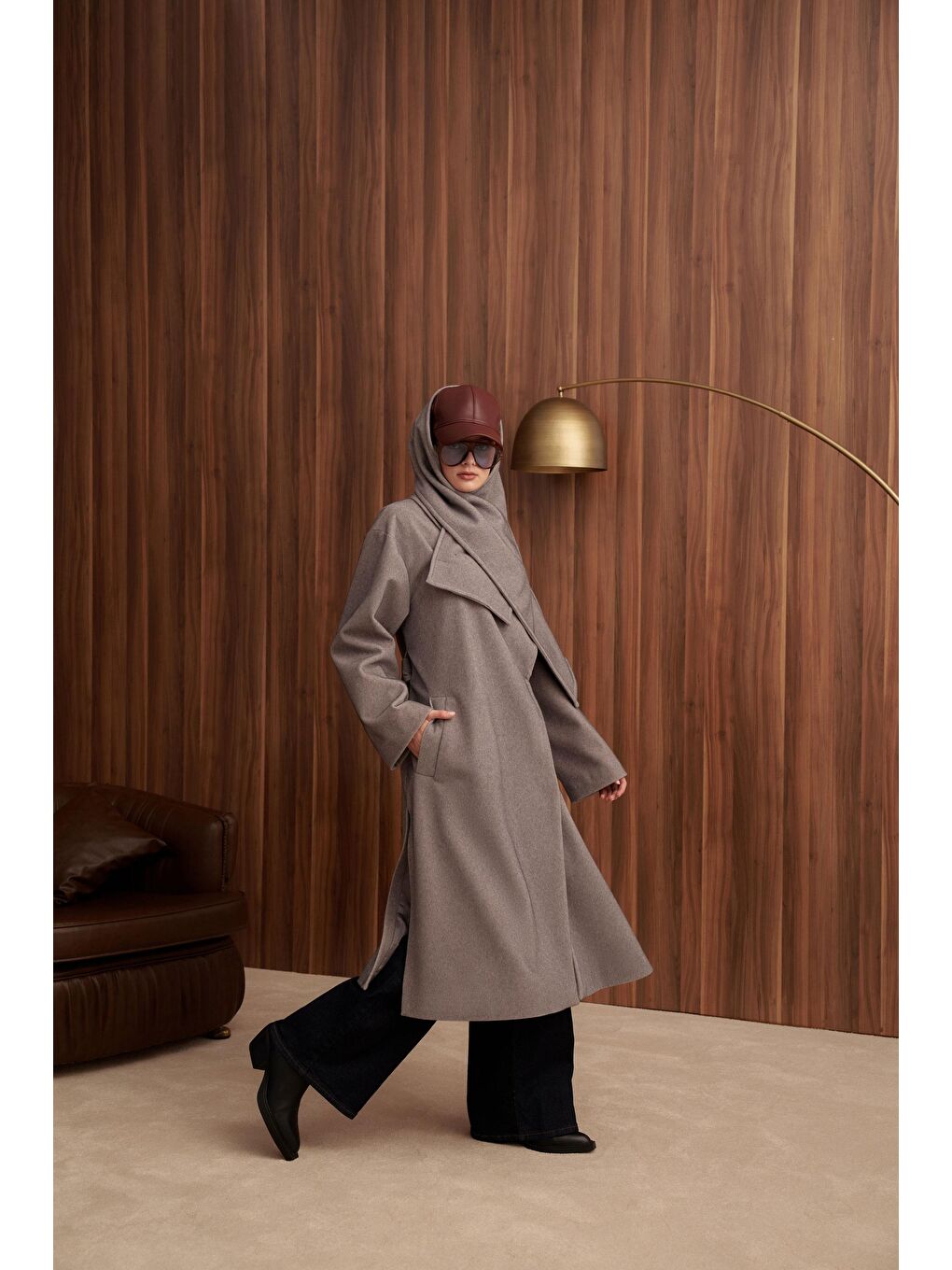 Gri Melanj-Atkılı Uzun Kaşe Kaban-2