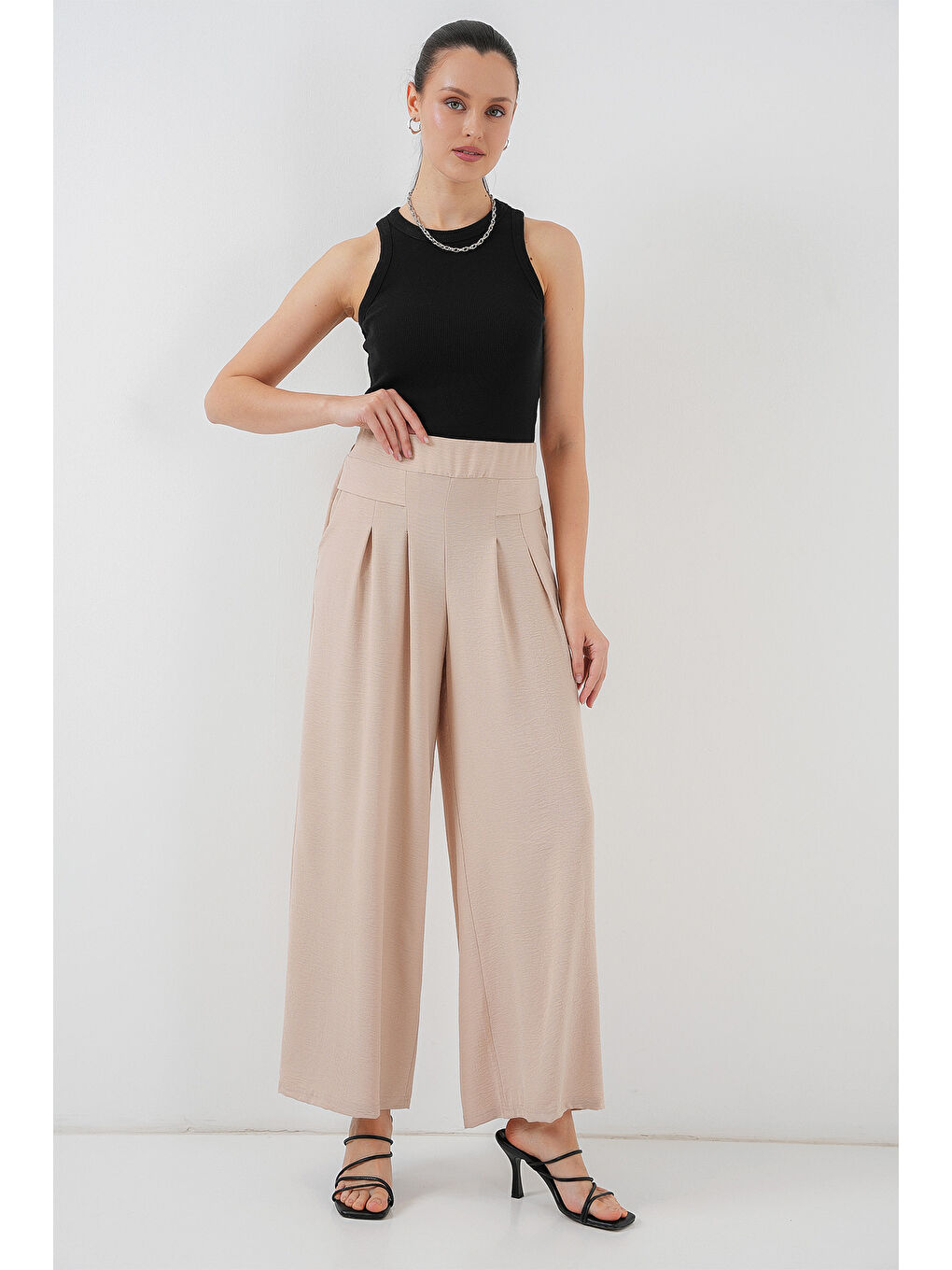 Ekru Kadın Geniş Paça Pileli Pantolon 6718 - Krem-1