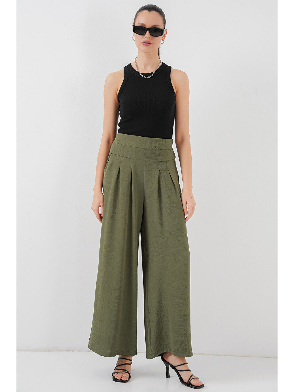 Kadın Geniş Paça Pileli Pantolon 6718 - Haki