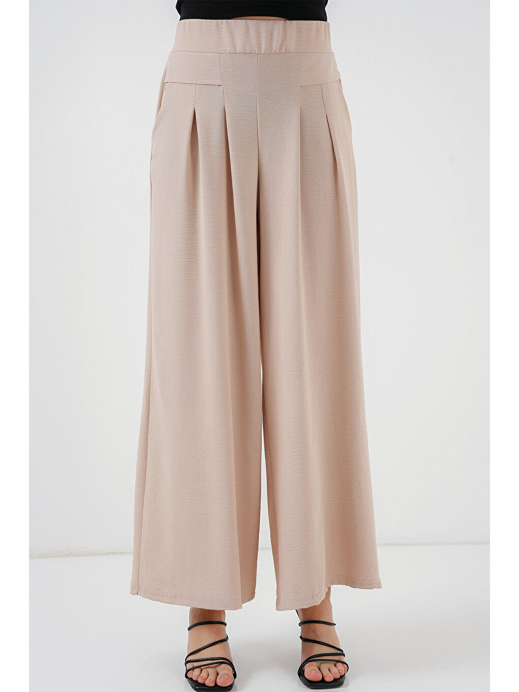 Ekru Kadın Geniş Paça Pileli Pantolon 6718 - Krem-2