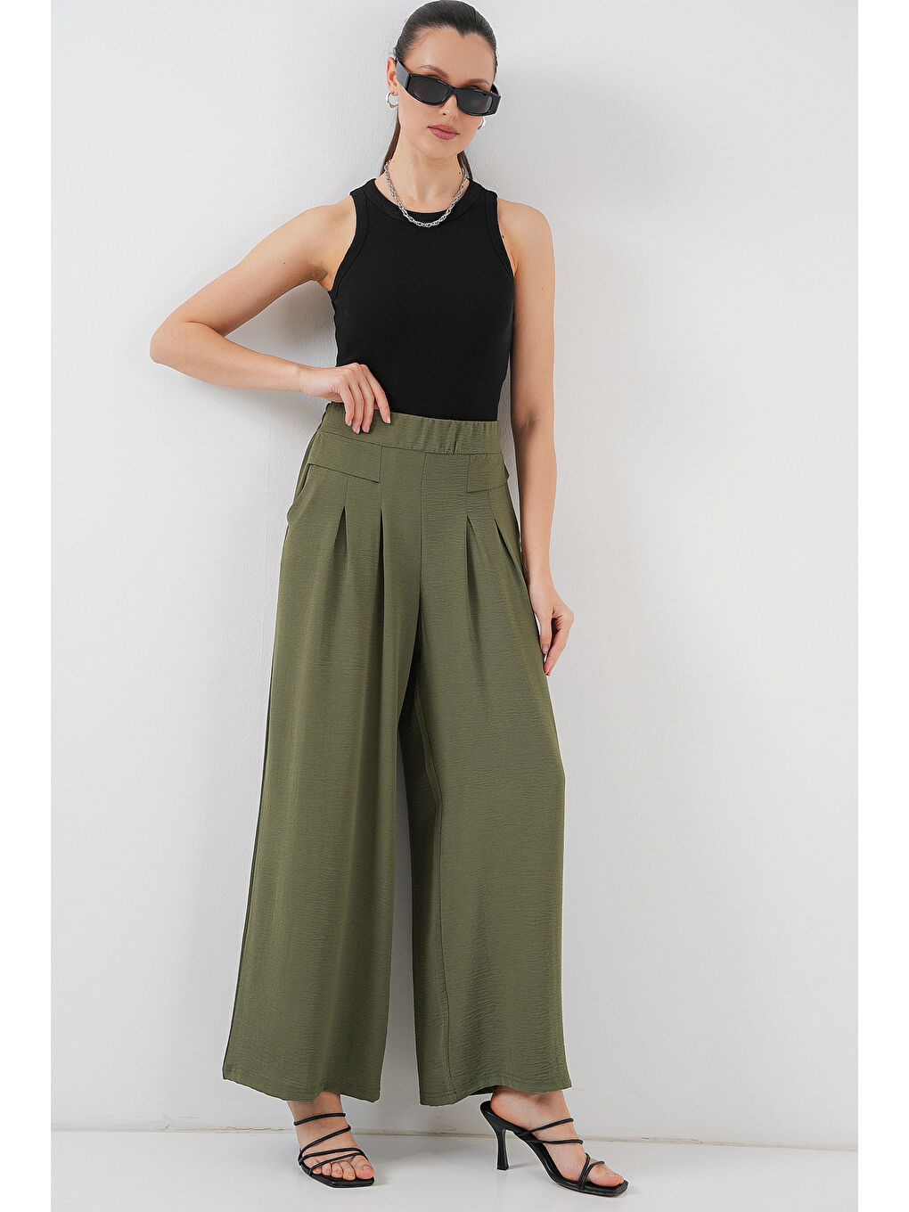 Kadın Geniş Paça Pileli Pantolon 6718 - Haki-1