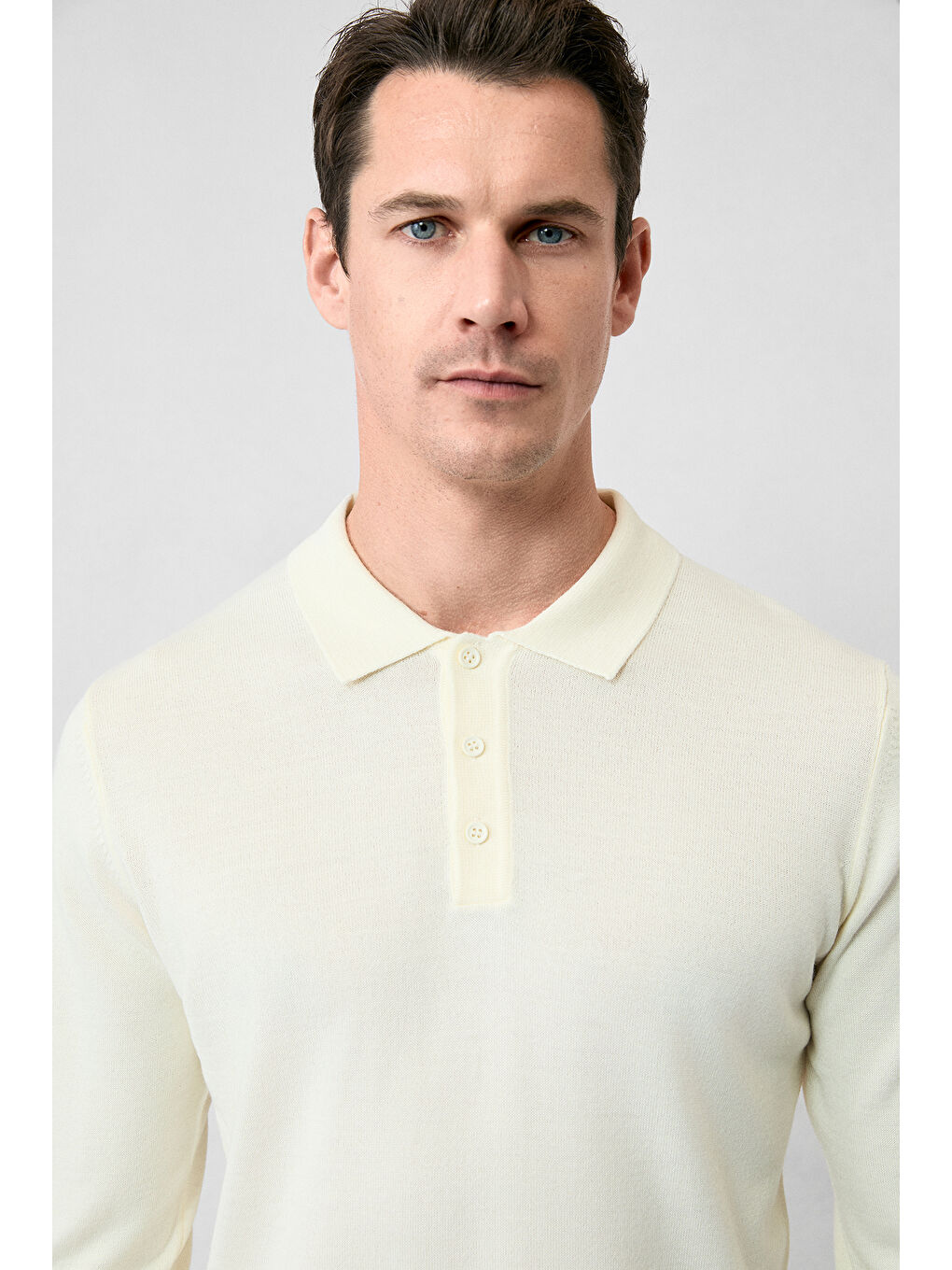 Ekru Polo Yaka Düğmeli Regular Fit Sıcak Tutan Yünlü Triko Kazak-3