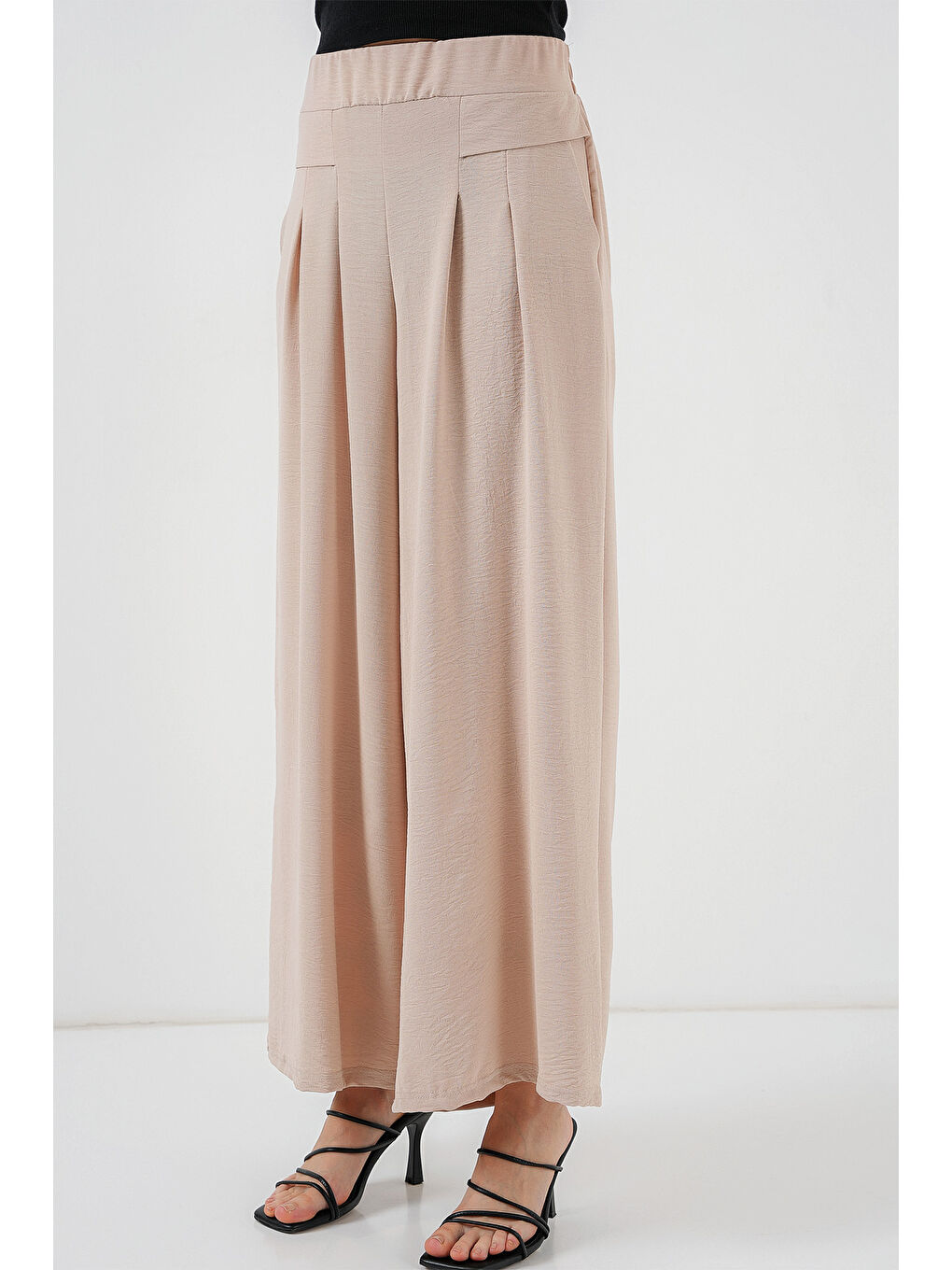 Ekru Kadın Geniş Paça Pileli Pantolon 6718 - Krem-3