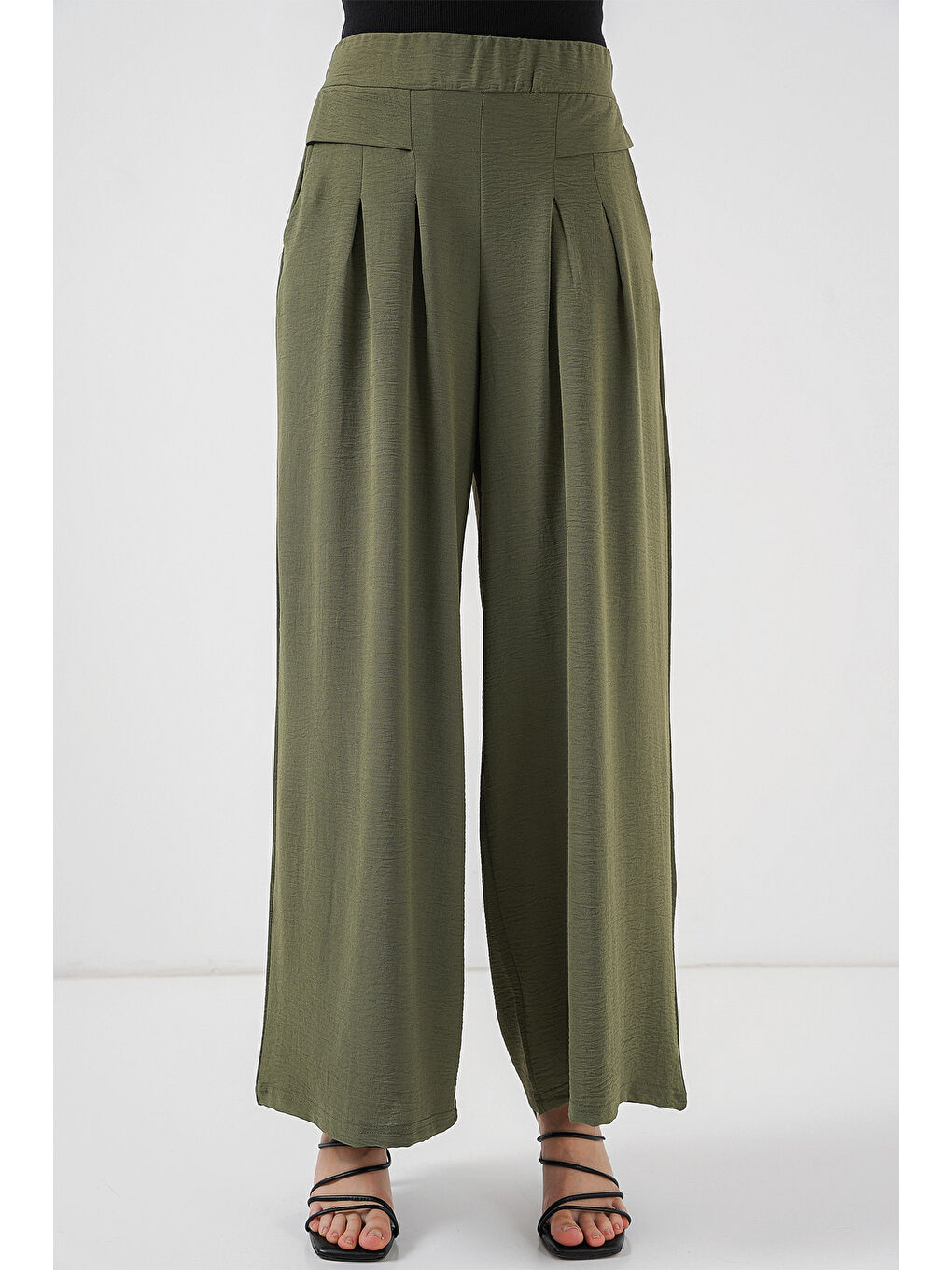 Kadın Geniş Paça Pileli Pantolon 6718 - Haki-2