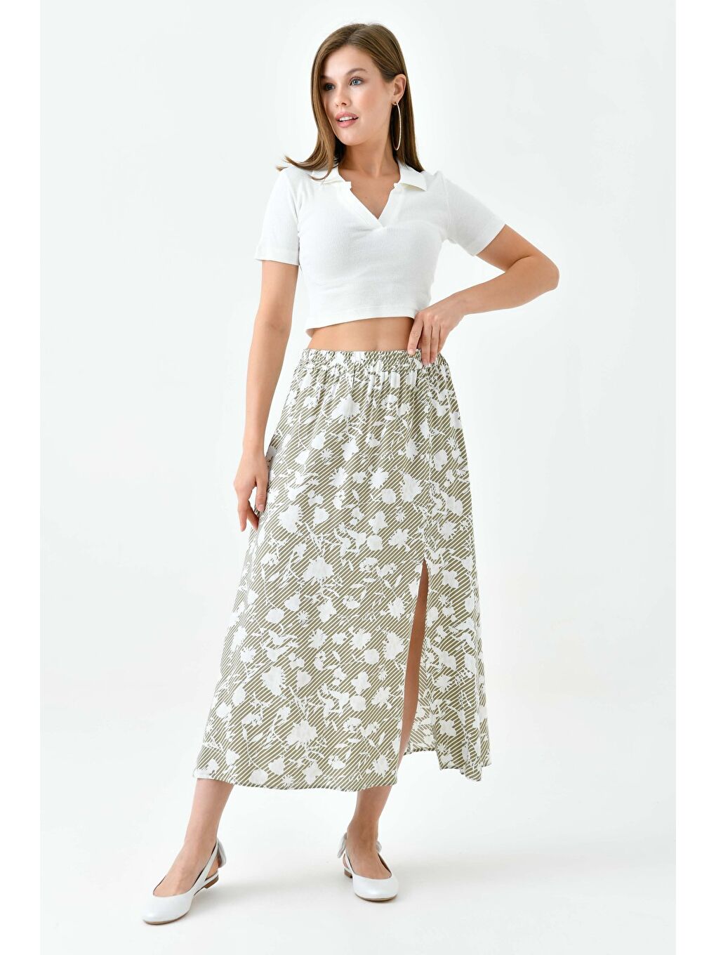 Yeşil Mint Kadın A Kesim Beli Lastikli Desenli Yırtmaçlı Midi Dokuma Etek - Viskon-2