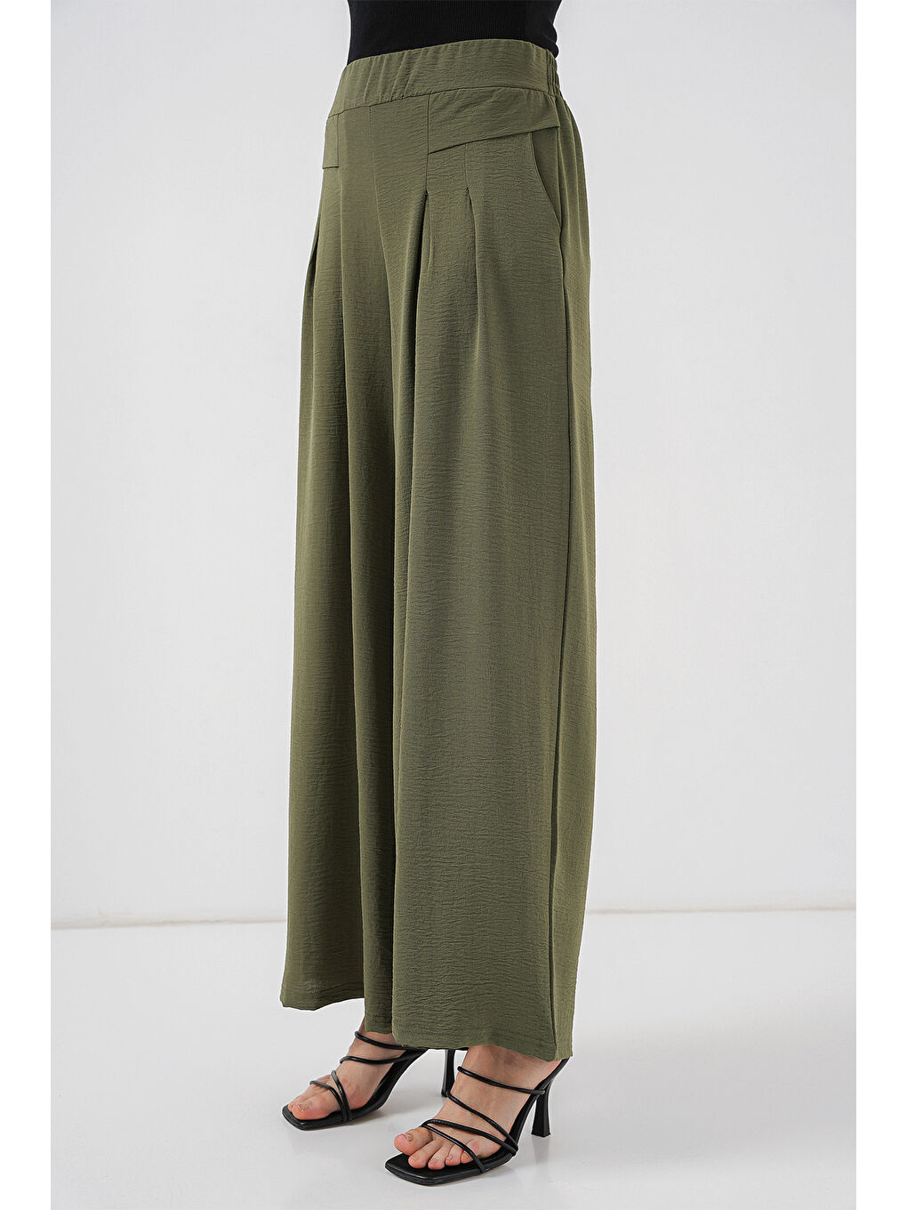 Kadın Geniş Paça Pileli Pantolon 6718 - Haki-3