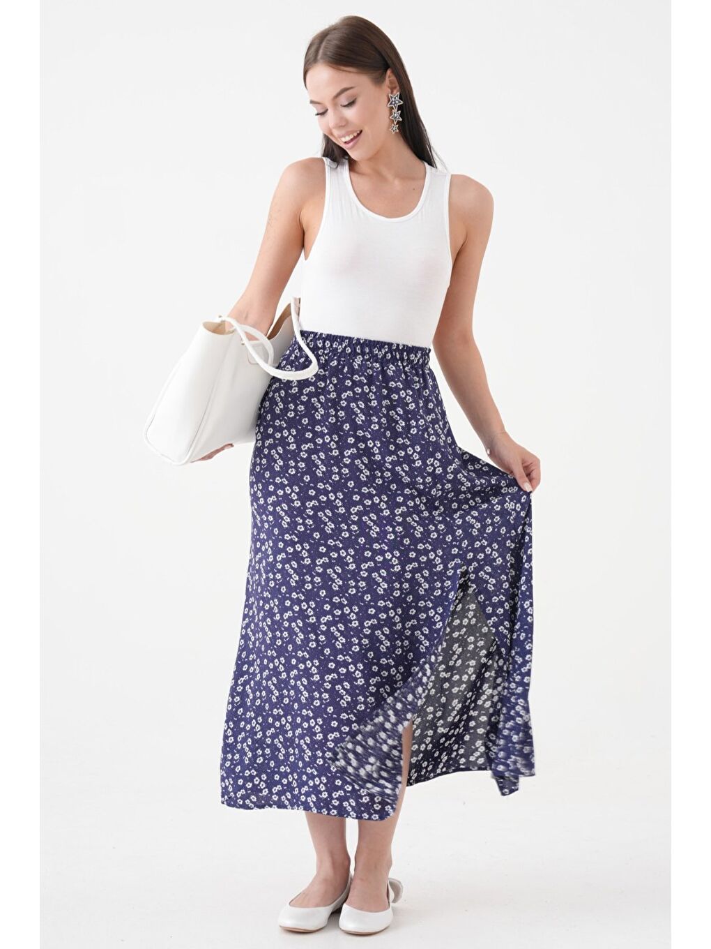 Lacivert Kadın A Kesim Beli Lastikli Desenli Yırtmaçlı Midi Dokuma Etek - Viskon-3
