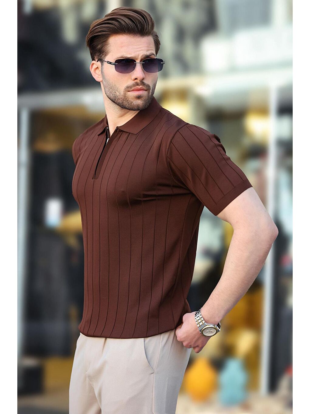 Kahverengi Polo Yaka Fermuarlı Erkek T-Shirt E7298