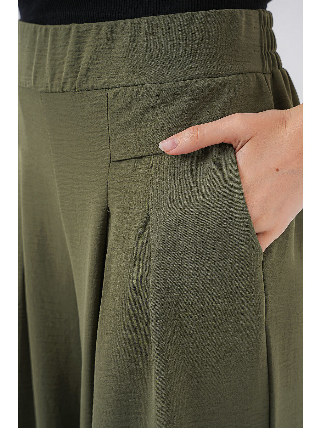Kadın Geniş Paça Pileli Pantolon 6718 - Haki-4