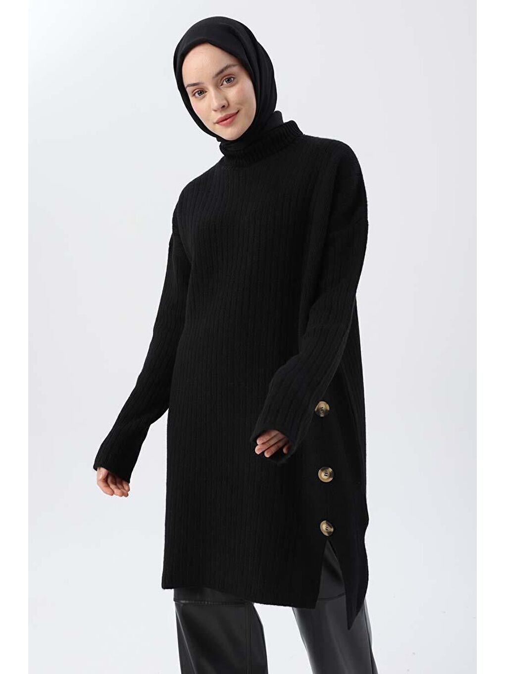 Siyah-Yarım Balıkçı Yaka Triko Tunik-4