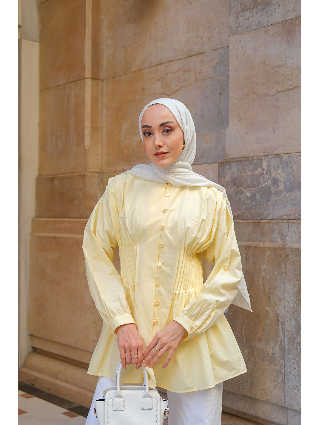 Kadın Beli Nervürlü Poplin Gömlek Sarı