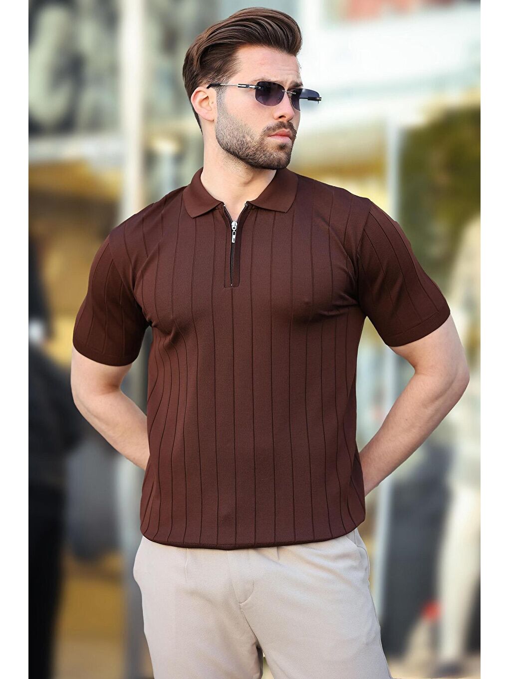 Kahverengi Polo Yaka Fermuarlı Erkek T-Shirt E7298-1