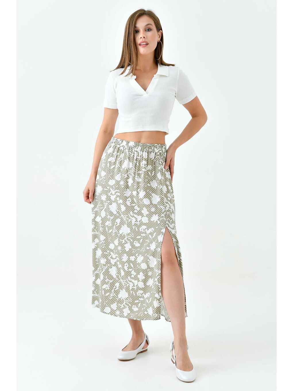 Yeşil Mint Kadın A Kesim Beli Lastikli Desenli Yırtmaçlı Midi Dokuma Etek - Viskon-3