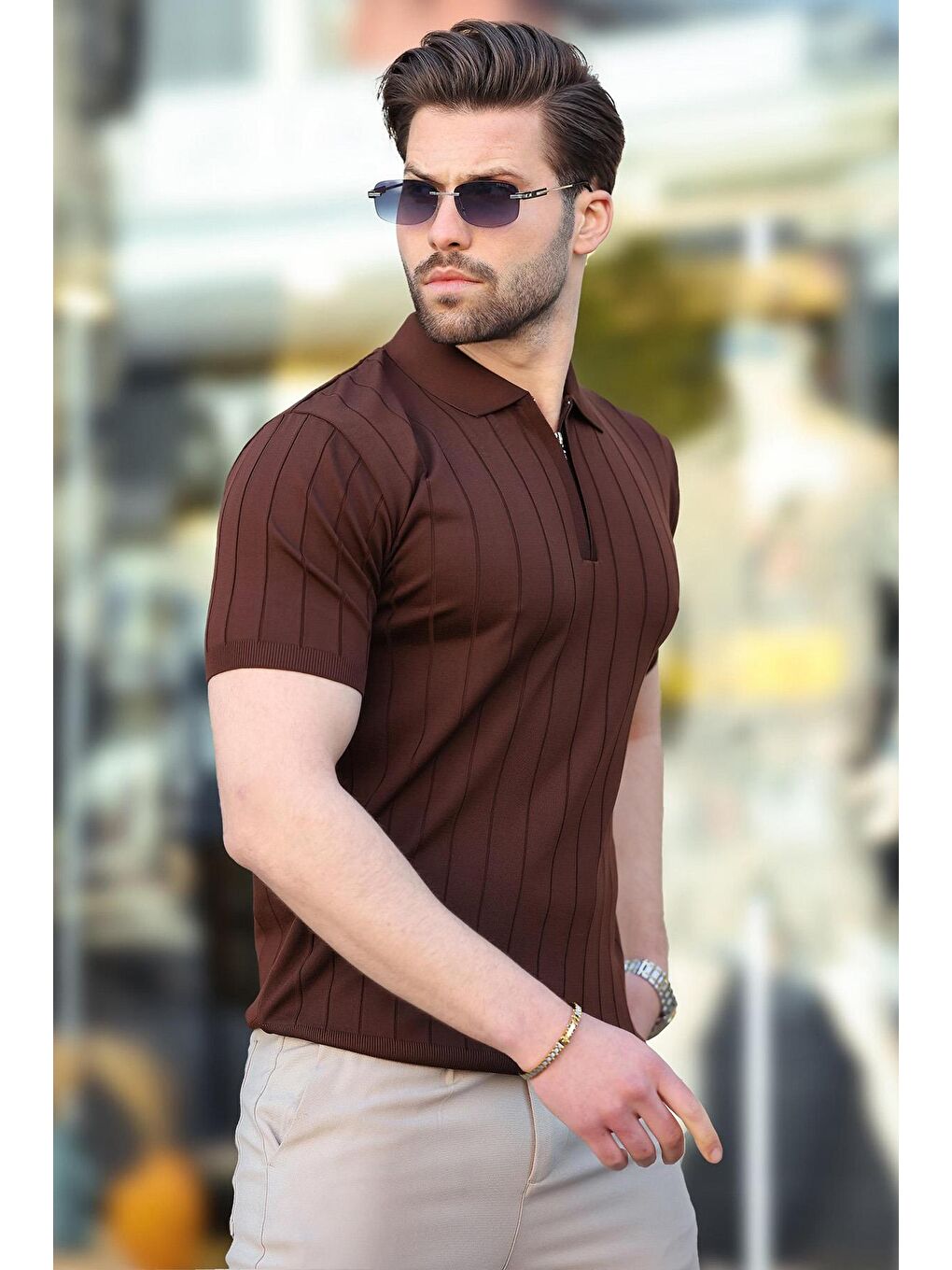 Kahverengi Polo Yaka Fermuarlı Erkek T-Shirt E7298-2