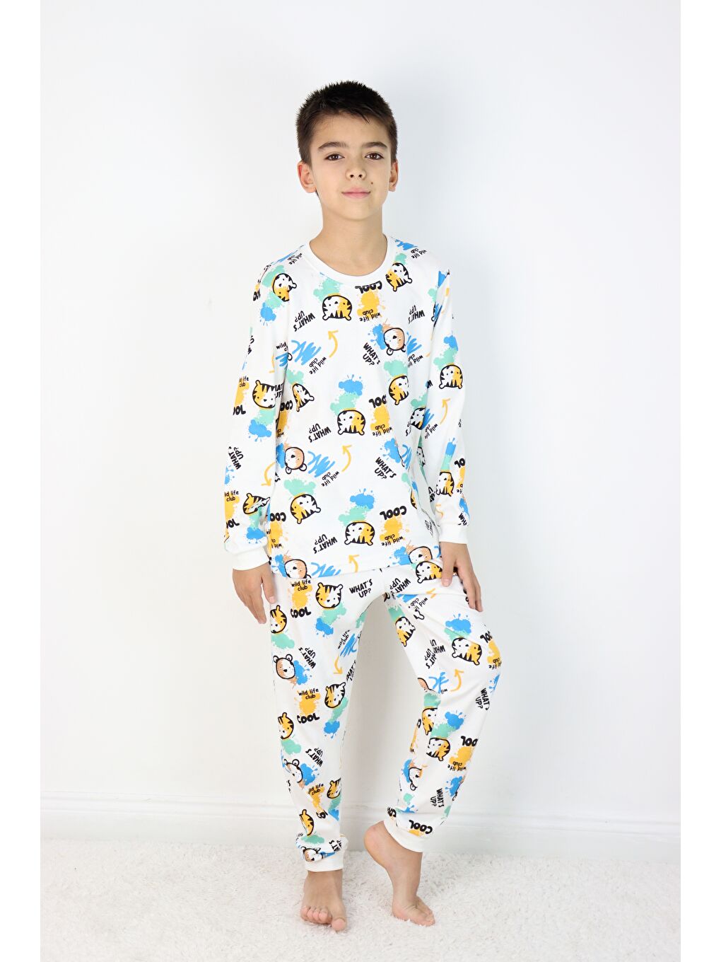 Beyaz Erkek Çocuk Baskılı interlok Kumaş Uzun Kollu Pijama Takımı-4