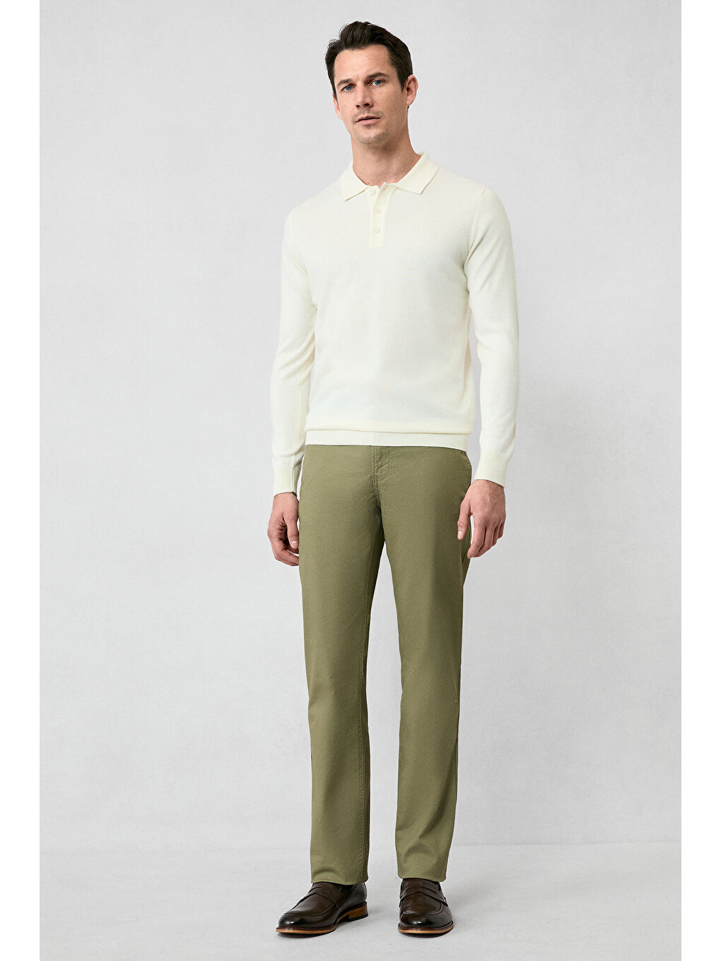 Ekru Polo Yaka Düğmeli Regular Fit Sıcak Tutan Yünlü Triko Kazak-4