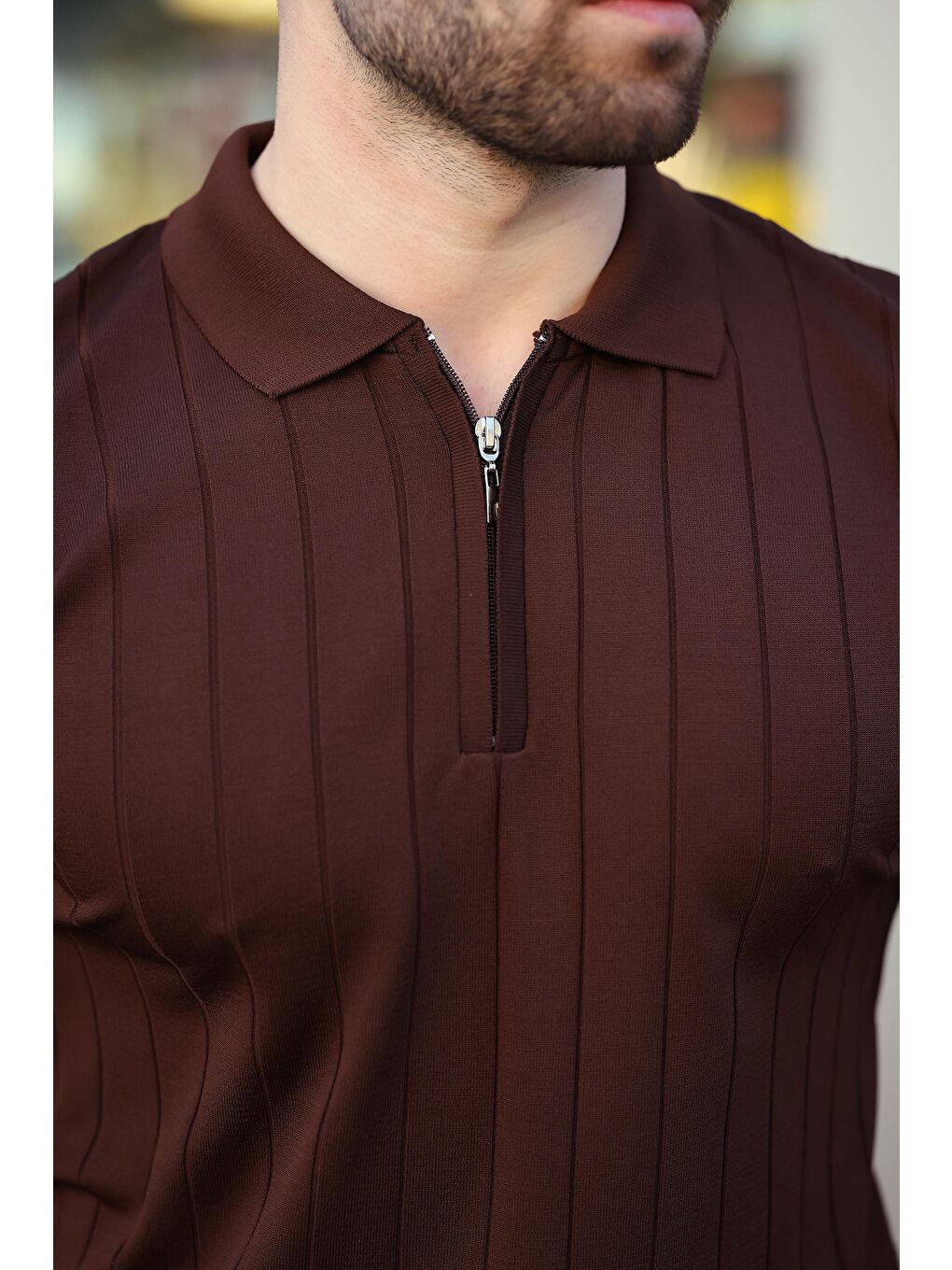 Kahverengi Polo Yaka Fermuarlı Erkek T-Shirt E7298-3