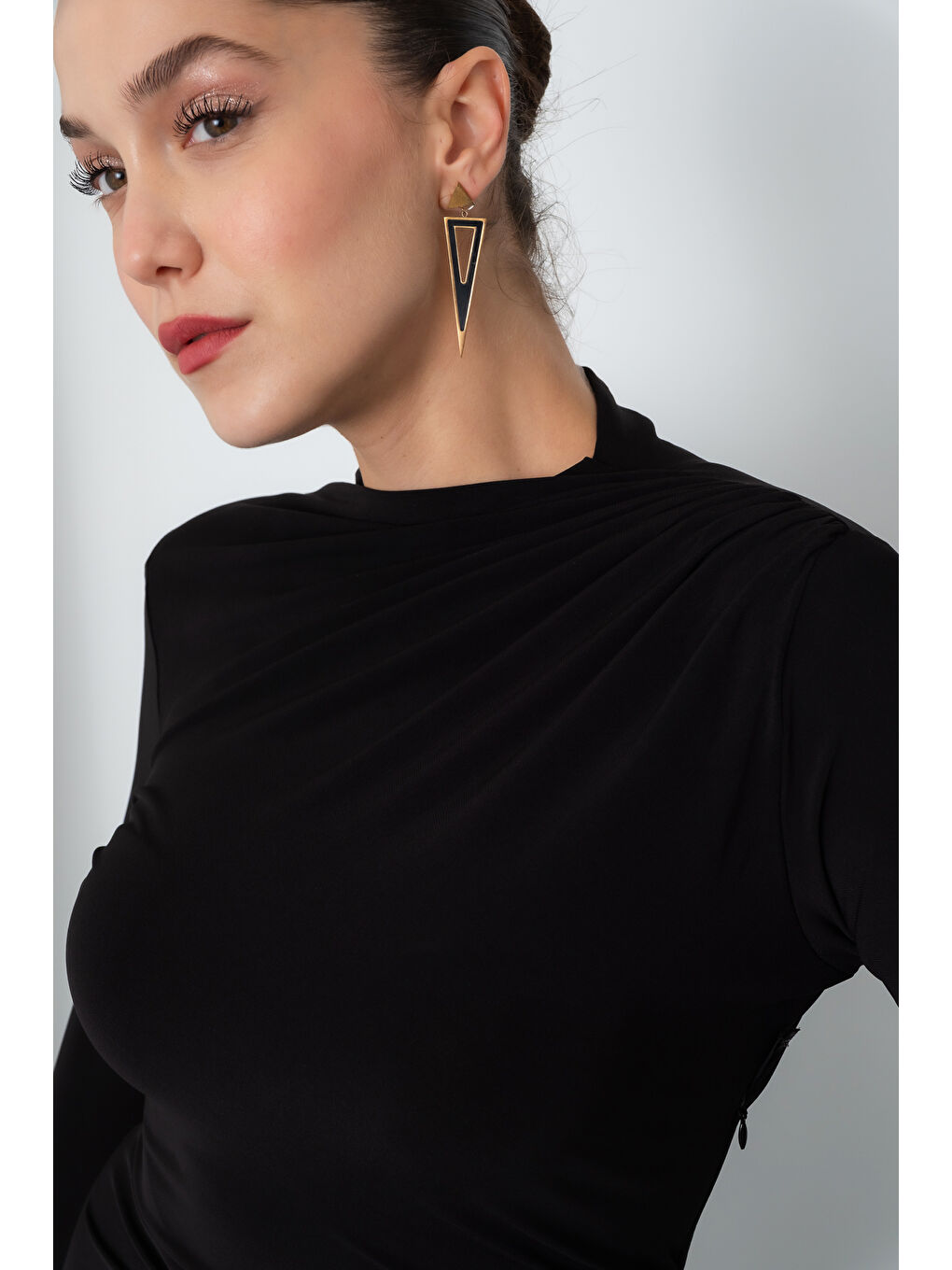 Kadın Siyah Uzun Kol Drapeli Uzun Elbise-3