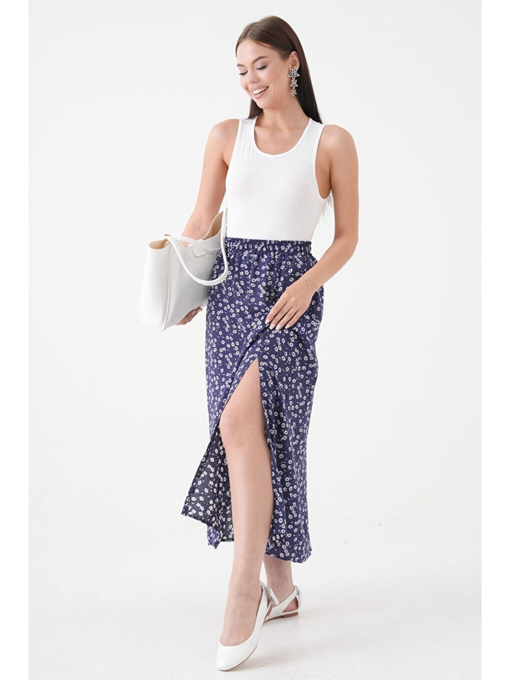 Lacivert Kadın A Kesim Beli Lastikli Desenli Yırtmaçlı Midi Dokuma Etek - Viskon-4