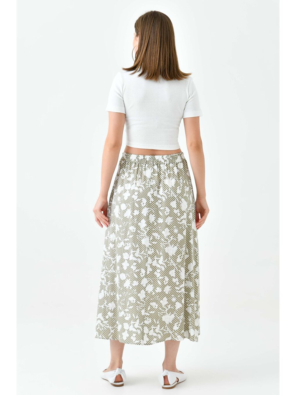 Yeşil Mint Kadın A Kesim Beli Lastikli Desenli Yırtmaçlı Midi Dokuma Etek - Viskon-4