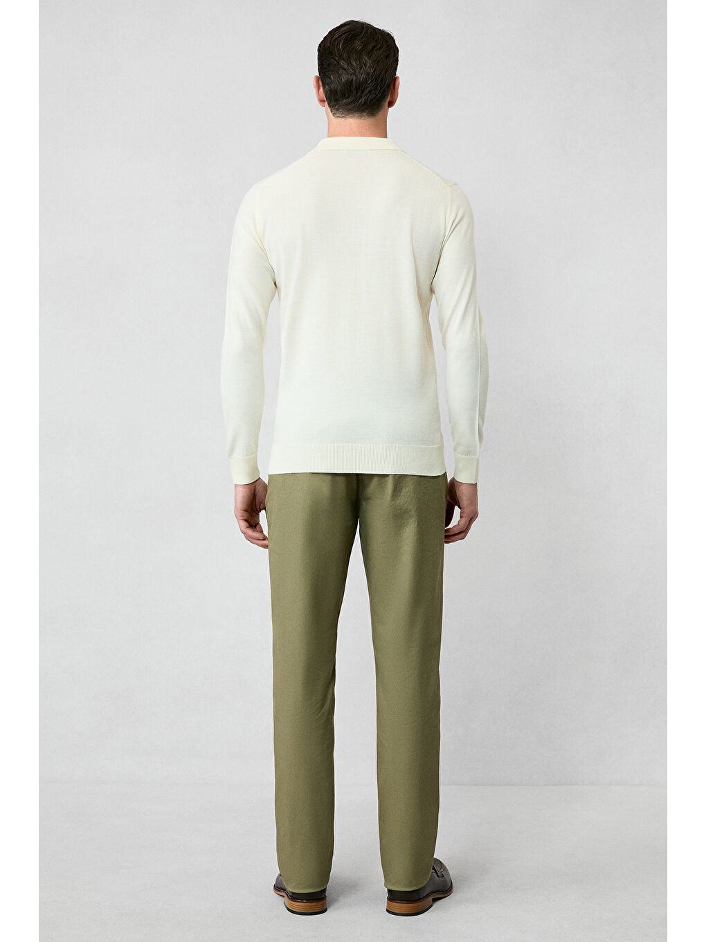 Ekru Polo Yaka Düğmeli Regular Fit Sıcak Tutan Yünlü Triko Kazak-5