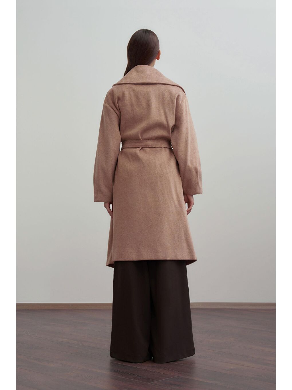 Pembe Somon-Oversize Kuşaklı Kaşe Kaban-3