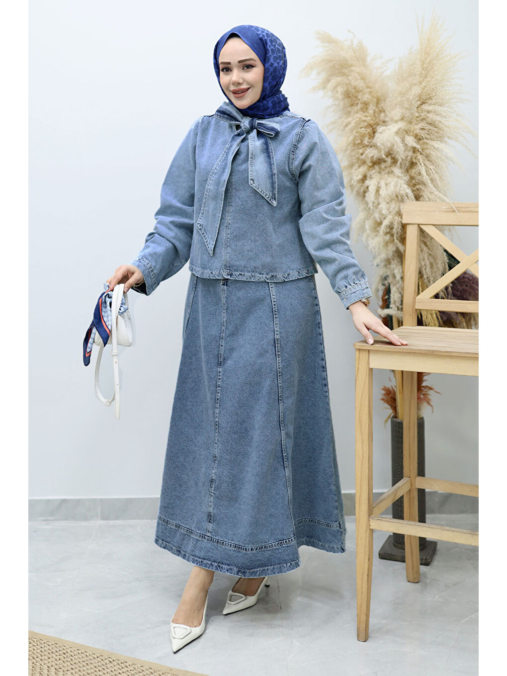 Yakası Bağlamalı Etekli Jean Takım TSD260135 Açık Mavi-2