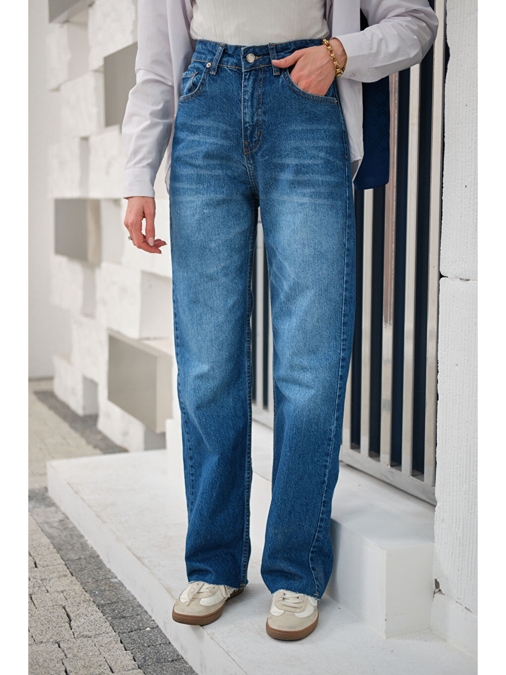 Kadın Kesik Paça Desen Jean Pantolon Mavi-1