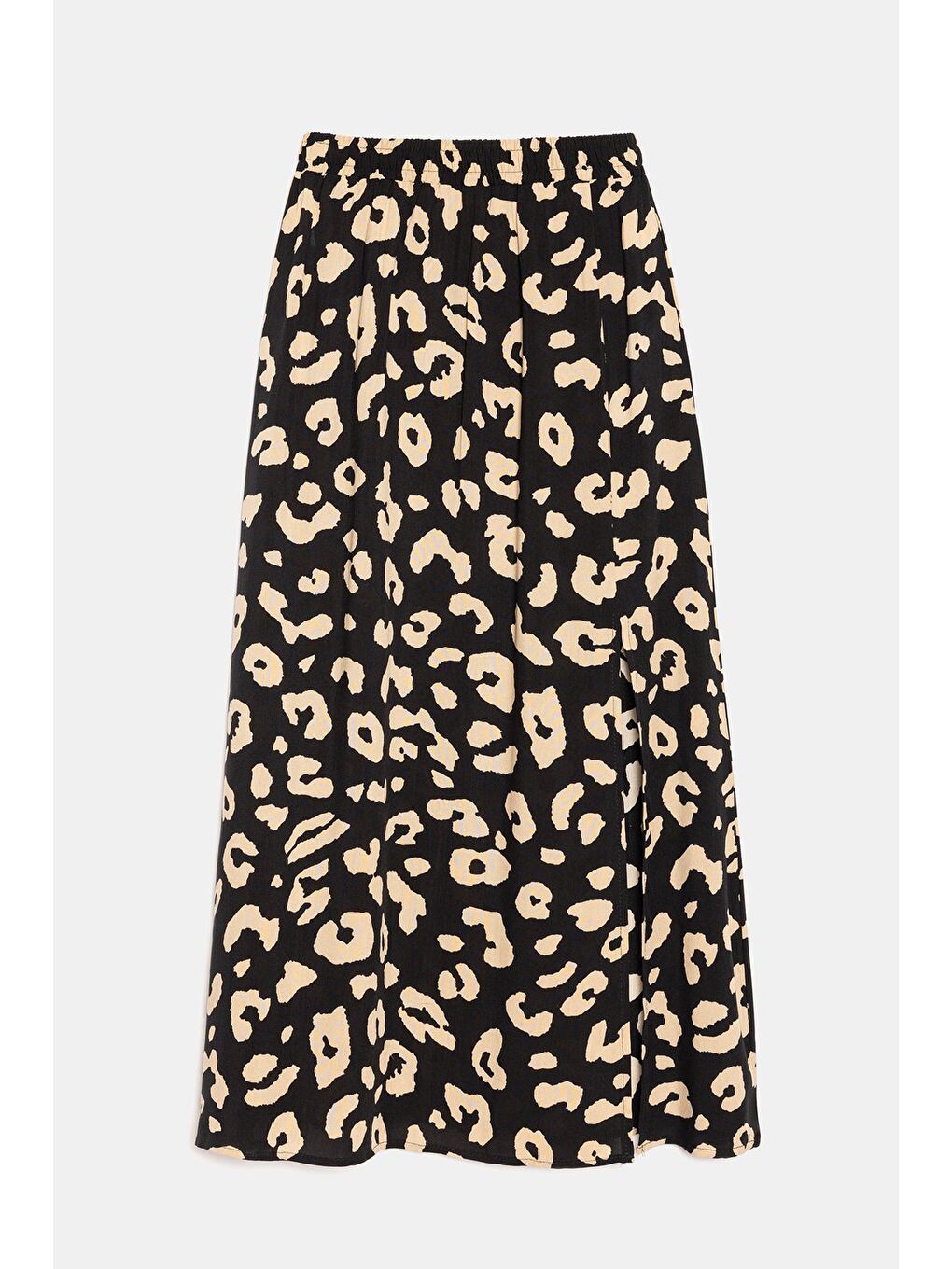 Siyah Kadın A Kesim Beli Lastikli Desenli Yırtmaçlı Midi Dokuma Etek - Viskon